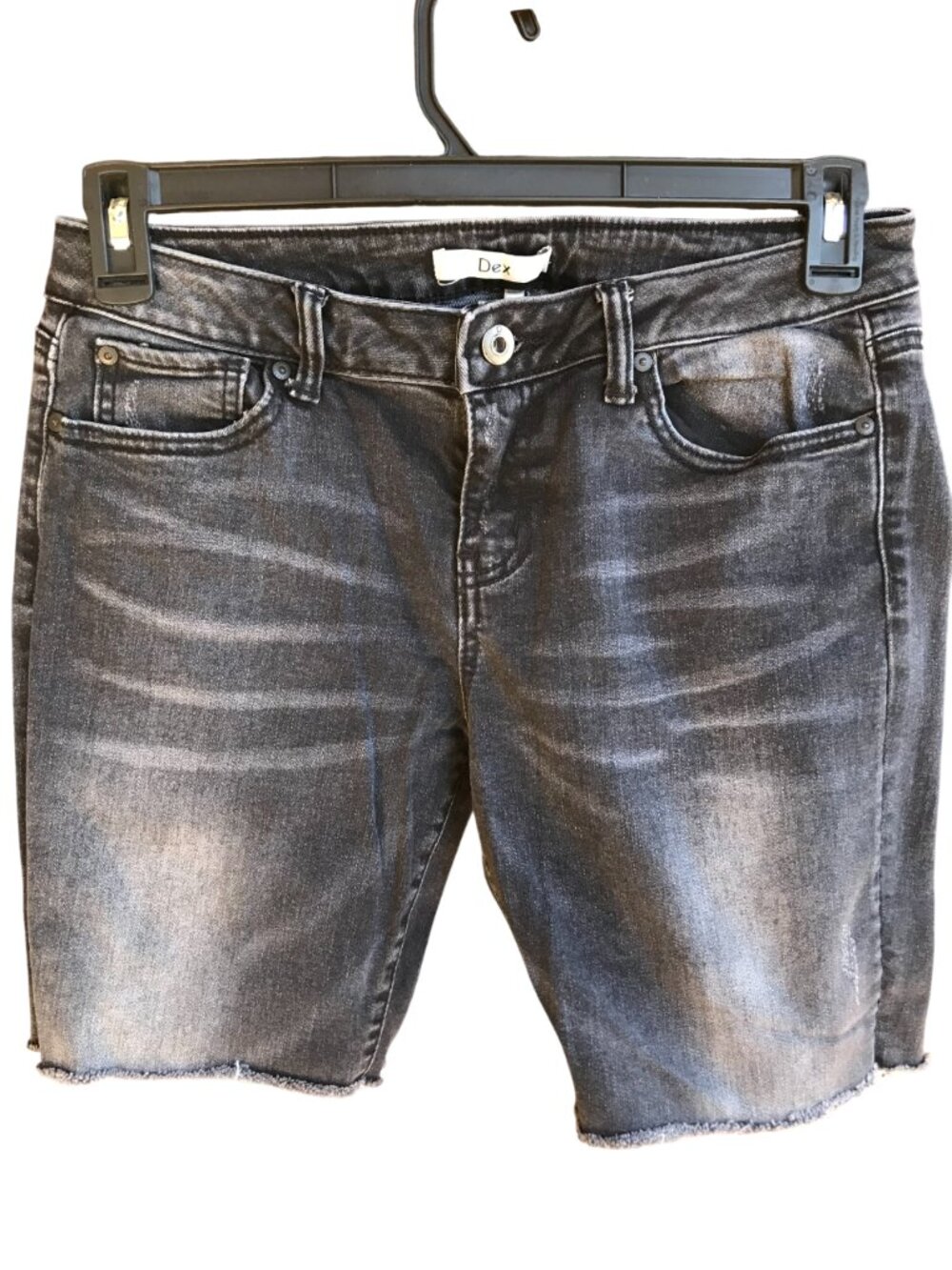 Dex Distressed Frayed Jean Shorts, Faded Black Stretchy Mid Rise Size 30